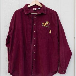 2001 Warner Bros. Burgundy Button Down Shirt with Tweety Embroidery